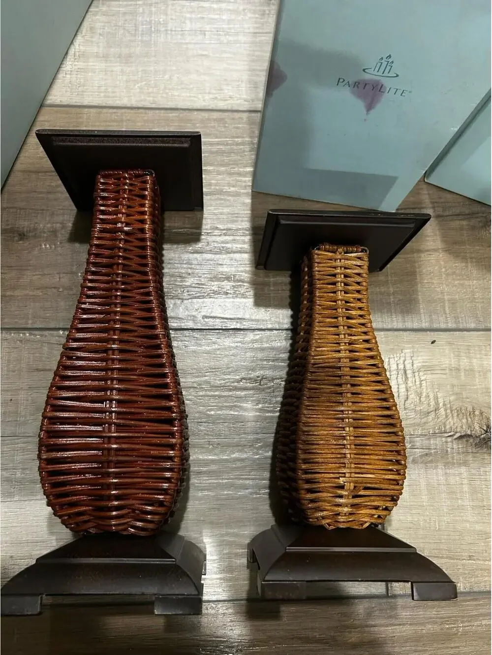 VINTAGE PartyLite ISLAND ESCAPE Metal Rattan Wicker Brown Candle Holders NEW